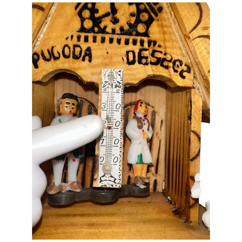 Vintage Romanian Wooden Weather House Chalet Thermometer Folk Art Decor